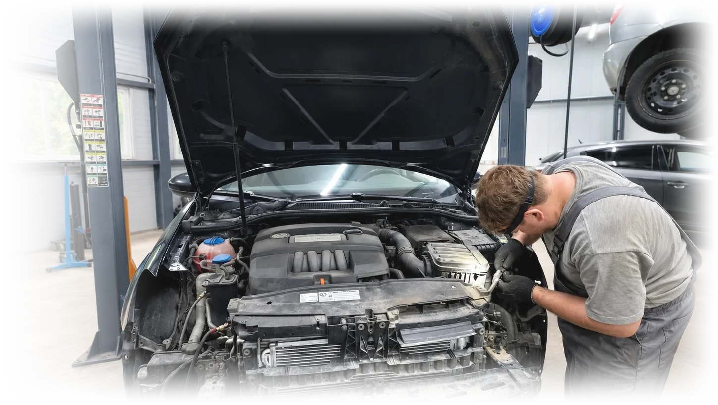 В GT CAR проверяют подкапотное пространство автомобиля; фотография ремзоны
